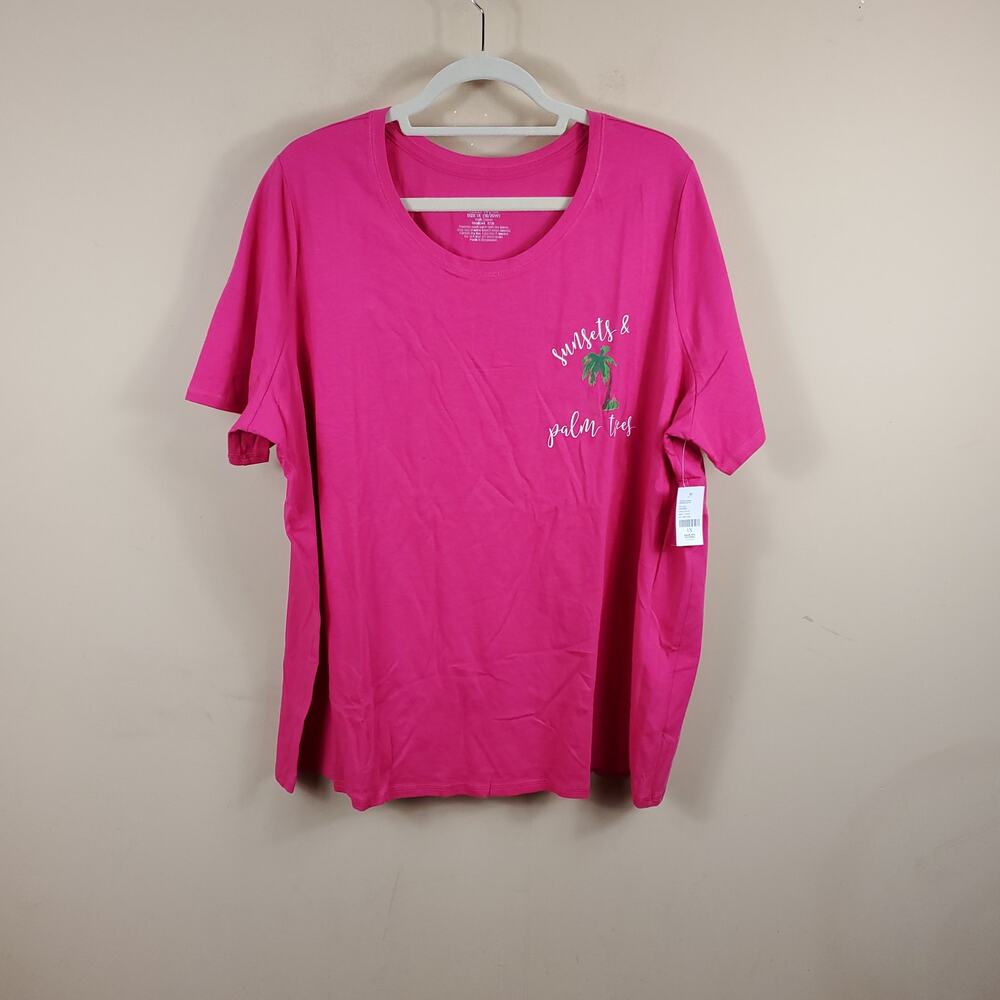 Catherines Pink Scoop Neck Sunsets & Palm Trees Graphic Tee Size 1X